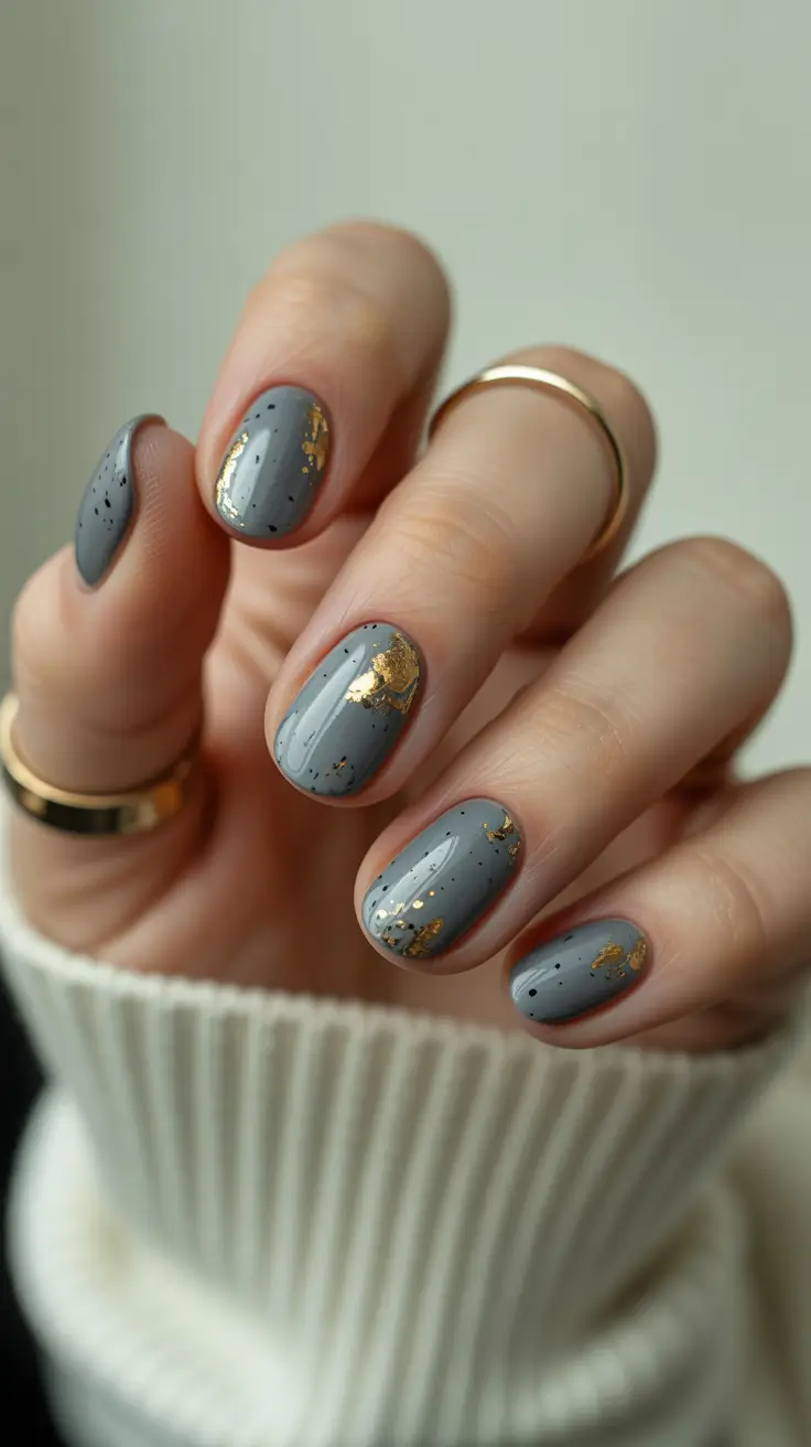 Gel Nail Trends Winter 2025-2026 Gray Luxe with Golden Foil