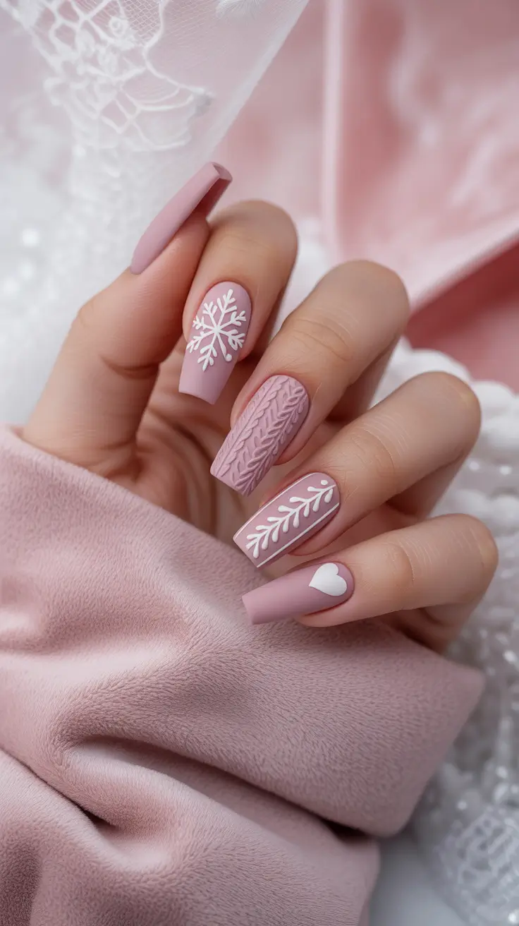 Gel Nail Trends Winter 2025-2026 Cozy Knit and Snowflake Pink