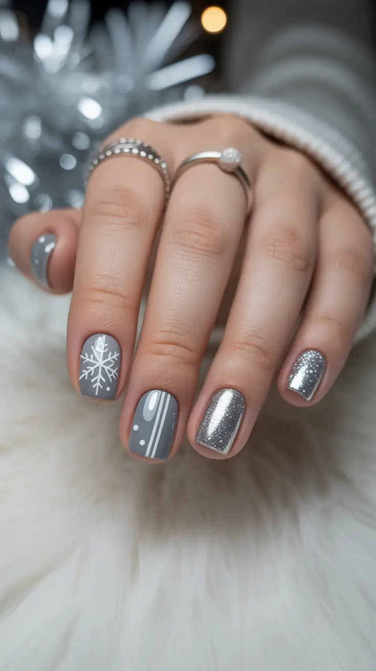 Gel Nail Trends Winter 2025-2026 Frosted Silver Geometry