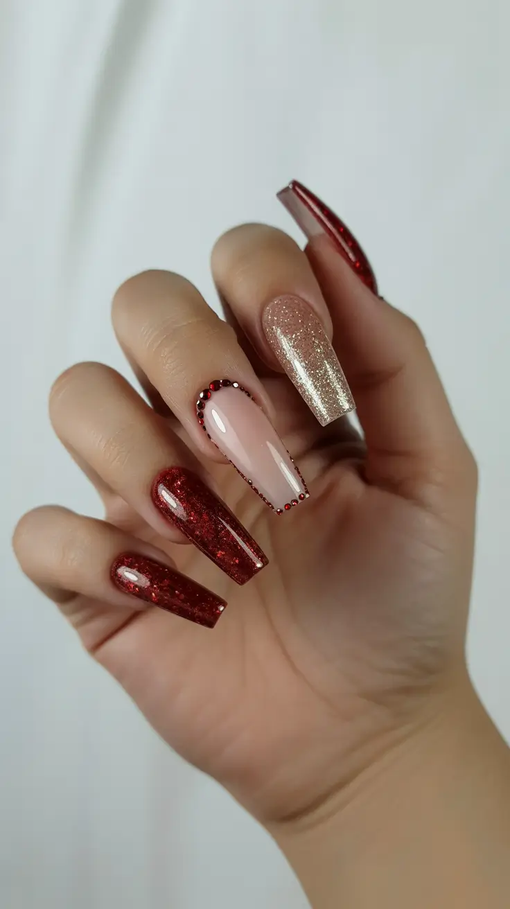Gel Nail Trends Winter 2025-2026 Crimson Glamour & Gold Dust