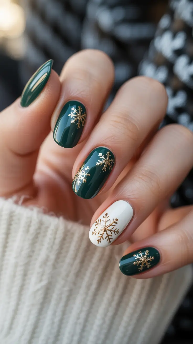Green Winter Nails 2025–2026 Golden Snowflakes on Forest Green