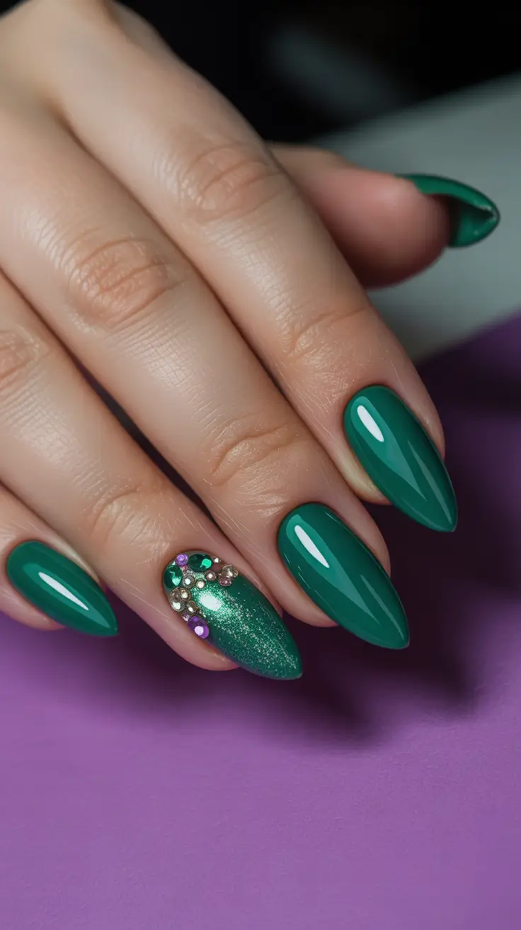 Green Winter Nails 2025–2026 Emerald Glow With Gem Accents