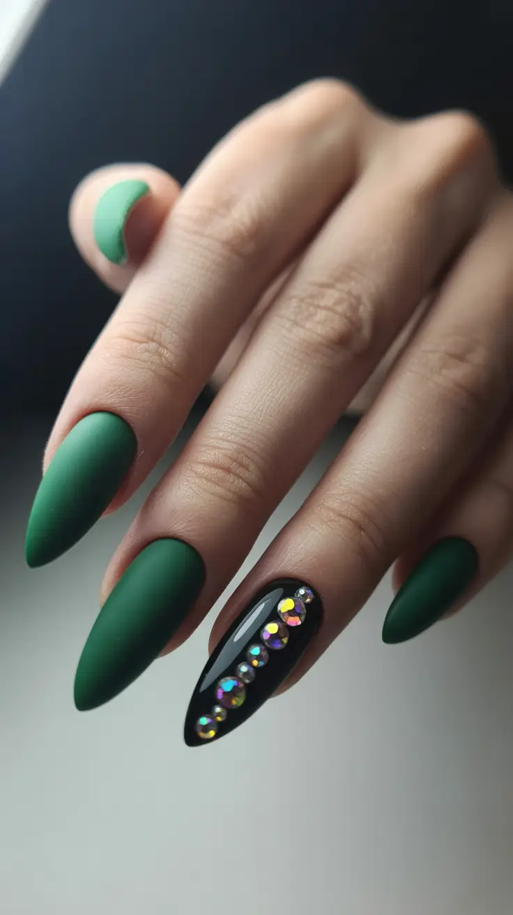 Green Winter Nails 2025–2026 Matte Forest & Crystal Noir Accent