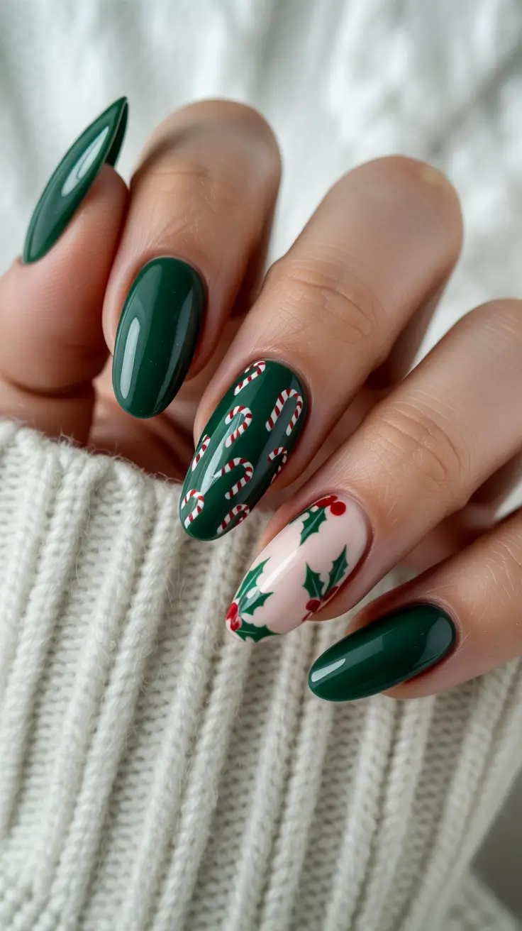 Green Winter Nails 2025–2026 Candy Cane Charm