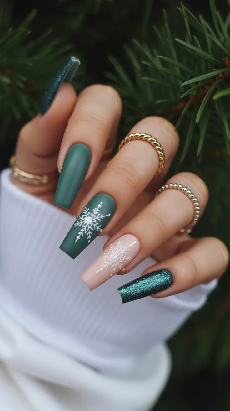 Green Winter Nails 2025–2026 Matte Snowflake Harmony