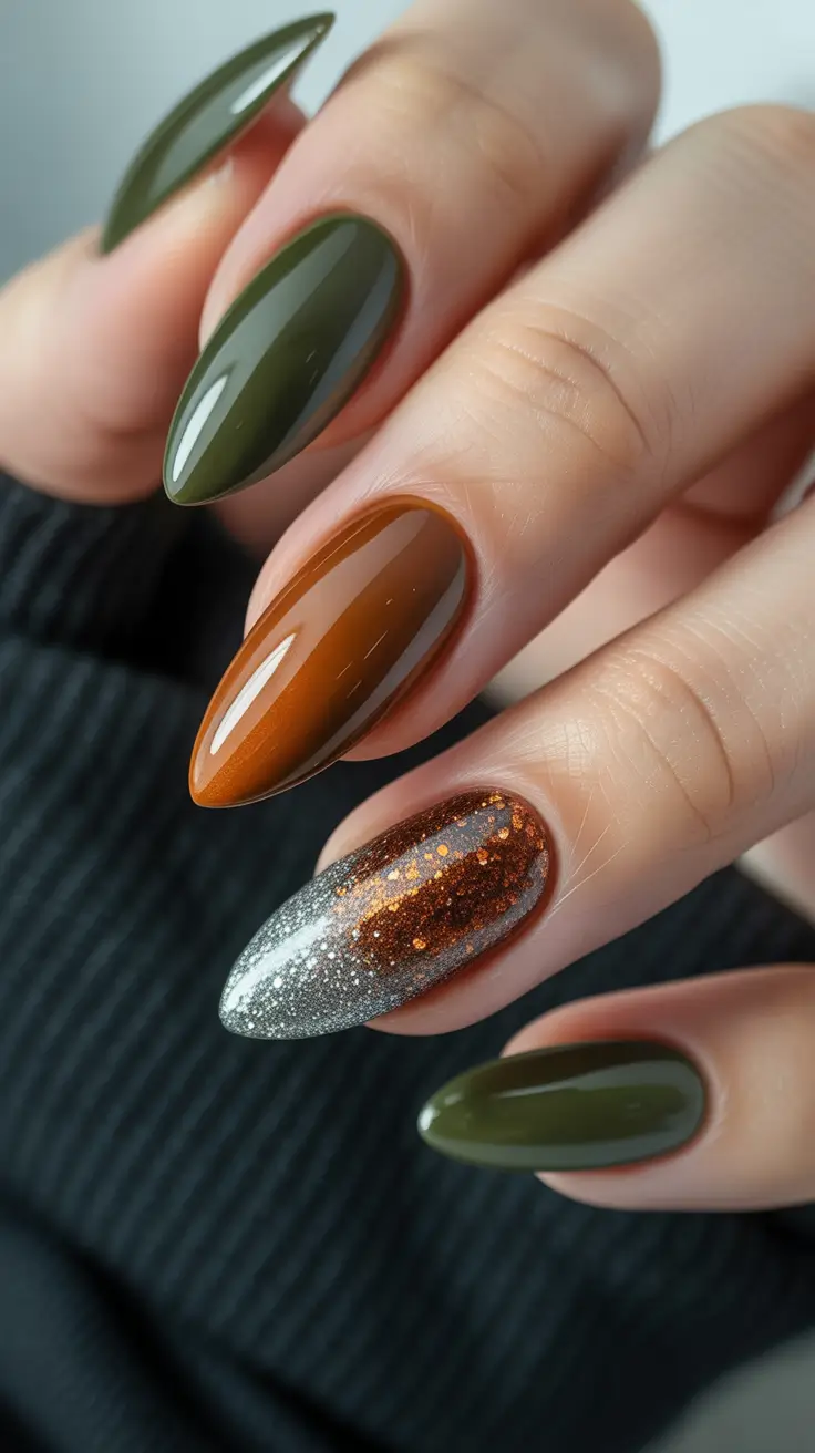 Green Winter Nails 2025-2026 Golden Ember Accents