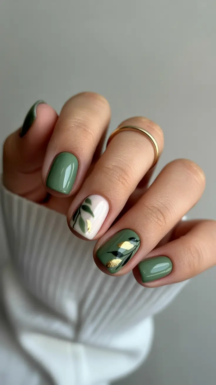 Green Winter Nails 2025-2026 Sage & Gold Geometry