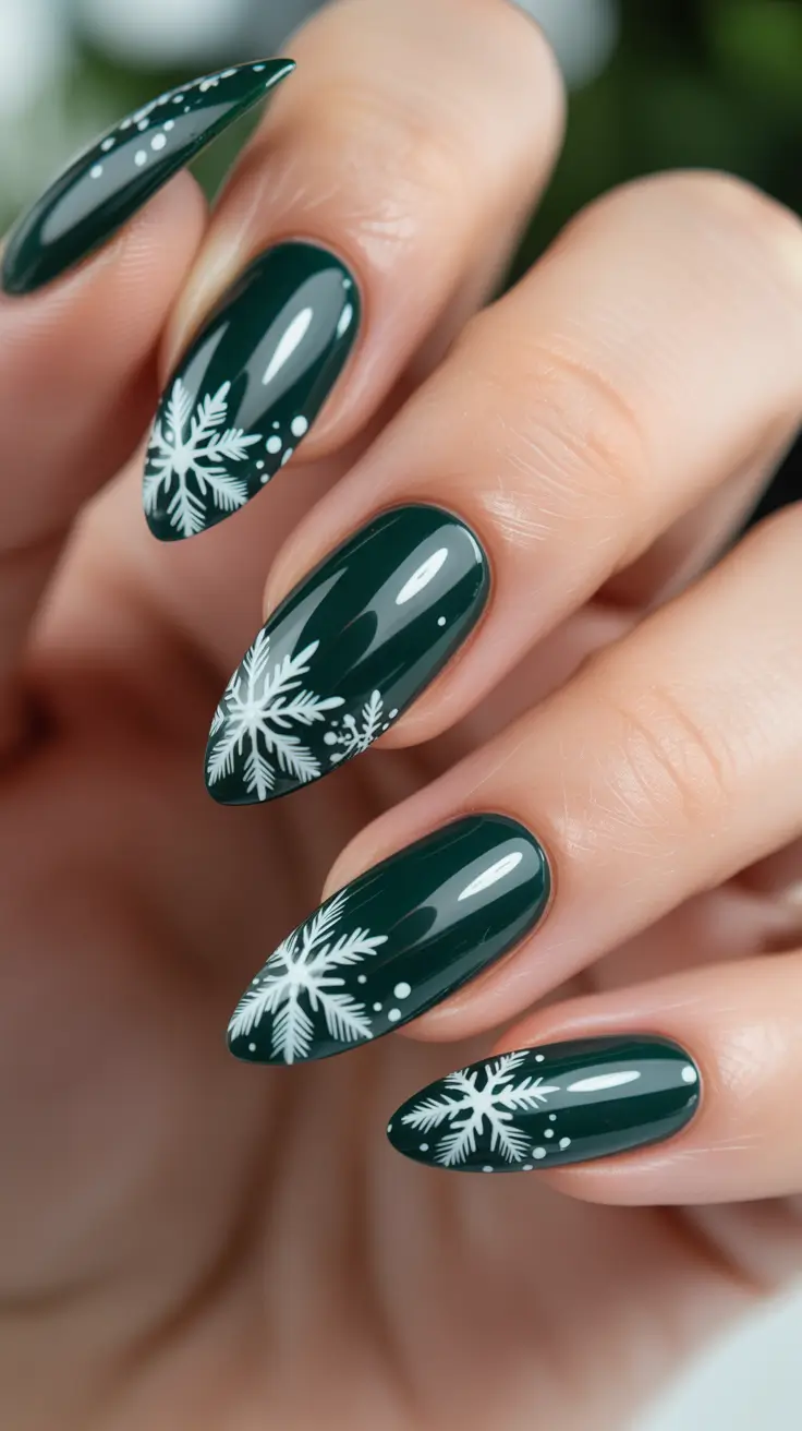 Green Winter Nails 2025–2026 Classic Snowflake Forest