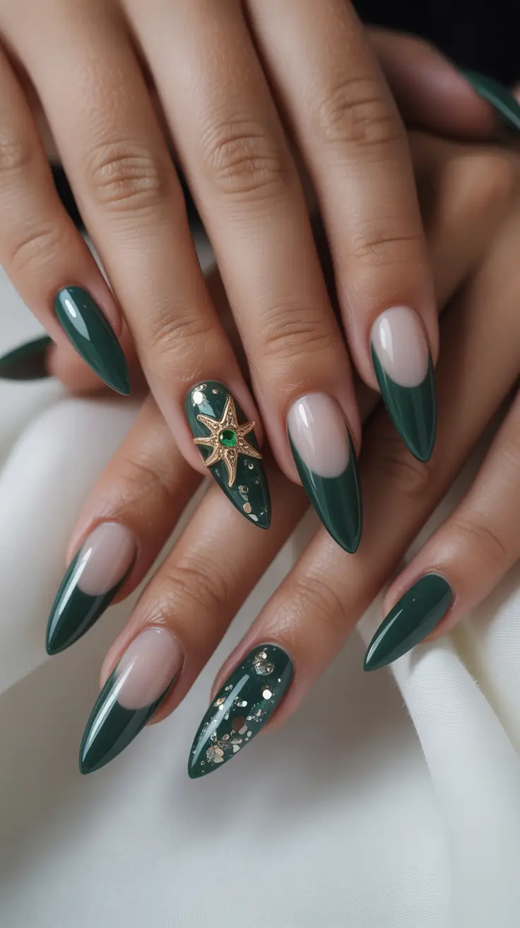 Green Winter Nails 2025–2026 Olive Glam With Gold Star Detail