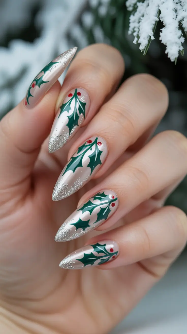 Green Winter Nails 2025–2026 Holly & Silver Spark