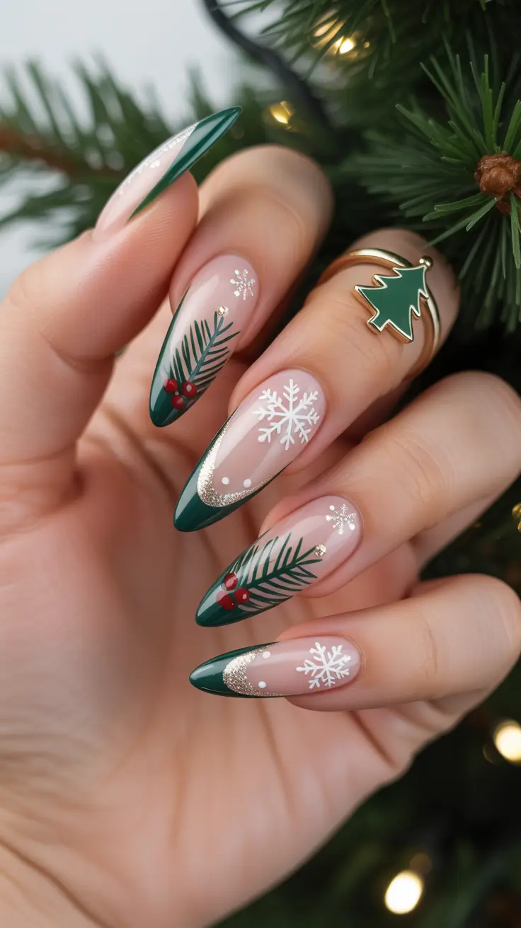 Green Winter Nails 2025–2026 Evergreen Elegance With Snowflake Detail