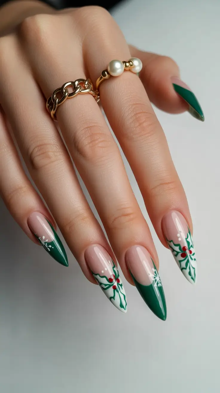 Green Winter Nails 2025–2026 Mistletoe French