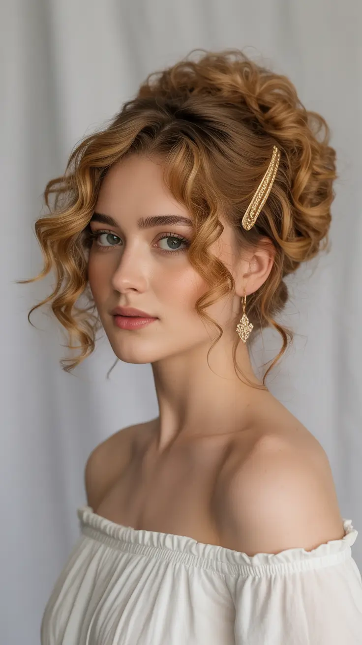 winter-hairstyles-2025-2026-Playful-Curly-Updo-with-Gold-Clip