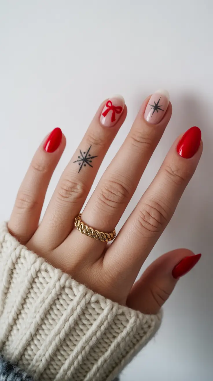 Hot Winter Nail Ideas 2025–2026 Red Bows and Cozy Sweater Vibes
