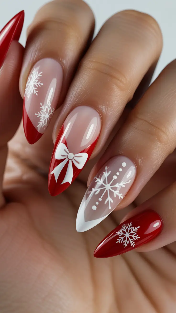 Hot Winter Nail Ideas 2025–2026 Classic Holiday Bow French