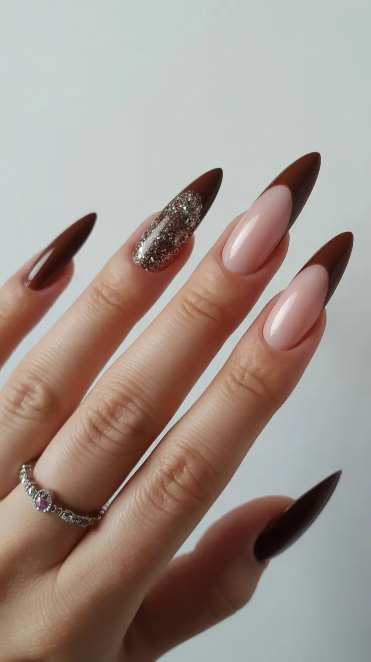 Late Winter Nails 2025–2026 Mocha French with a Sparkle Accent
