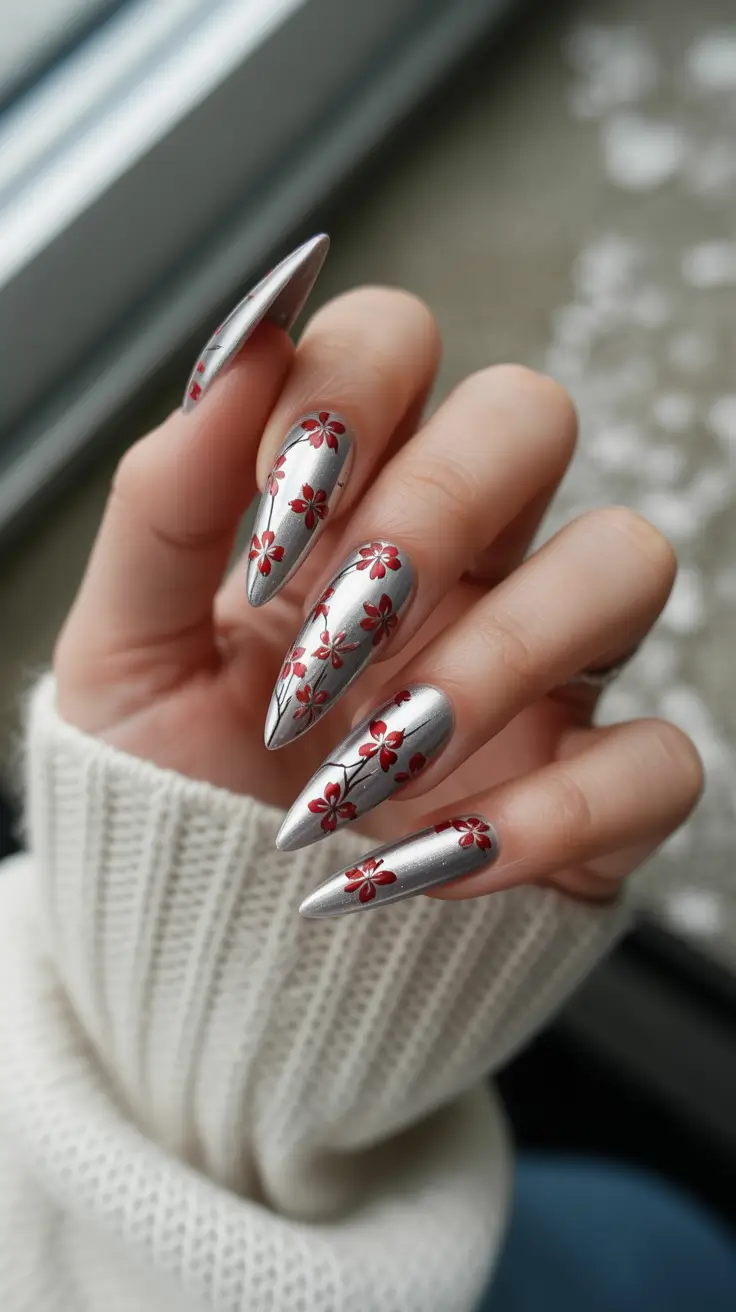 Late Winter Nails 2025–2026 Chrome Blossoms on Silver