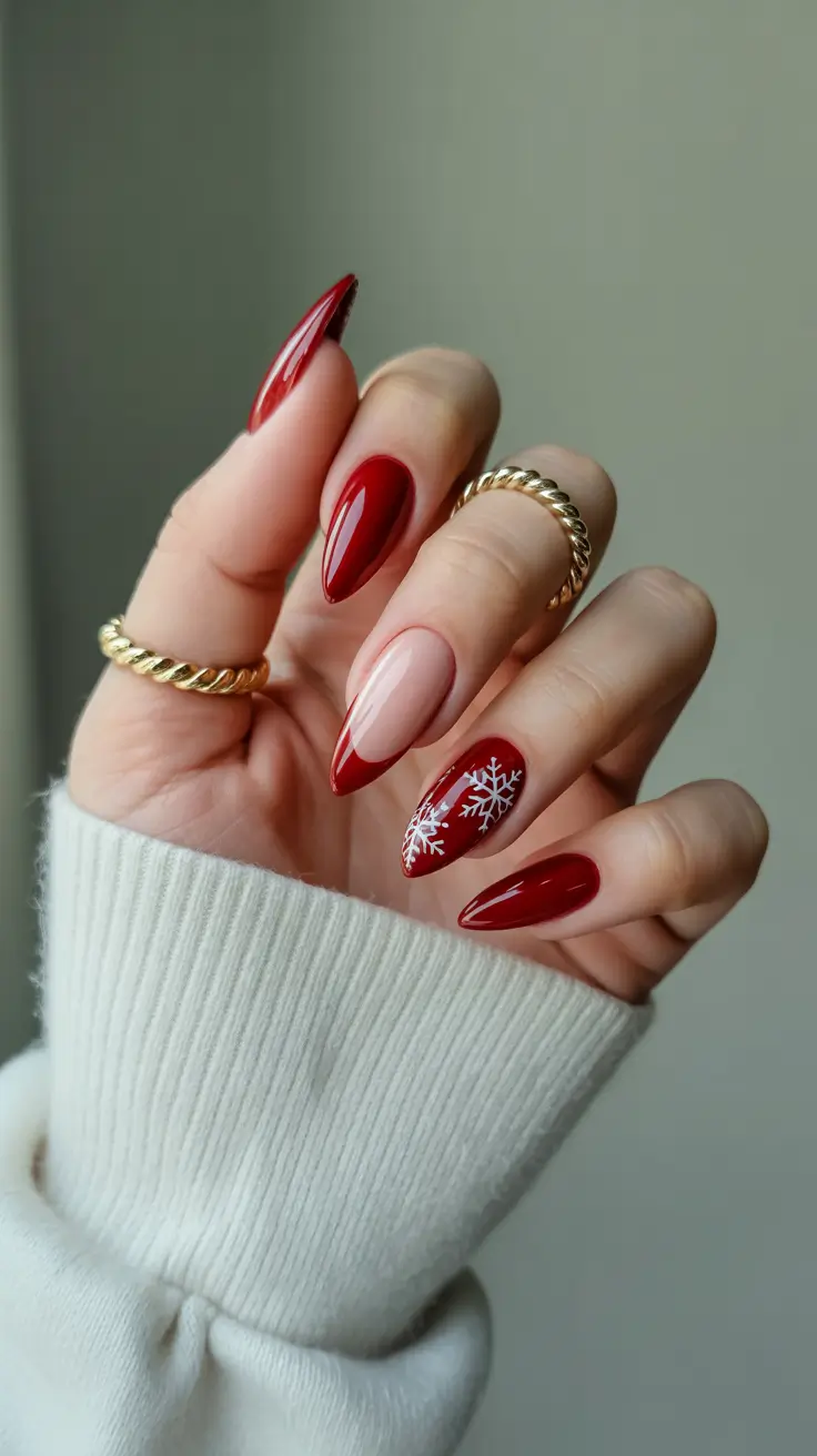 Late Winter Nails 2025–2026 Classic Red & Snowflake Charm