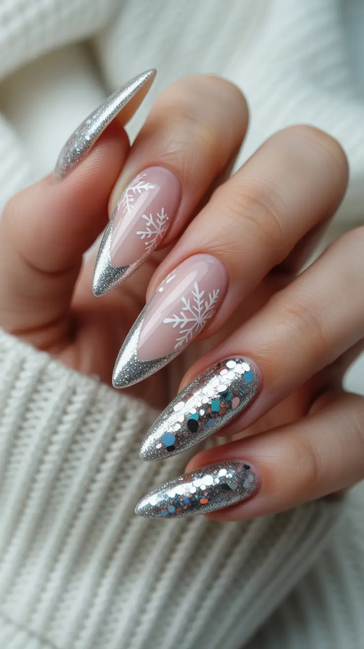 Late Winter Nails 2025–2026 Silver Snowflakes & Glitter Frost