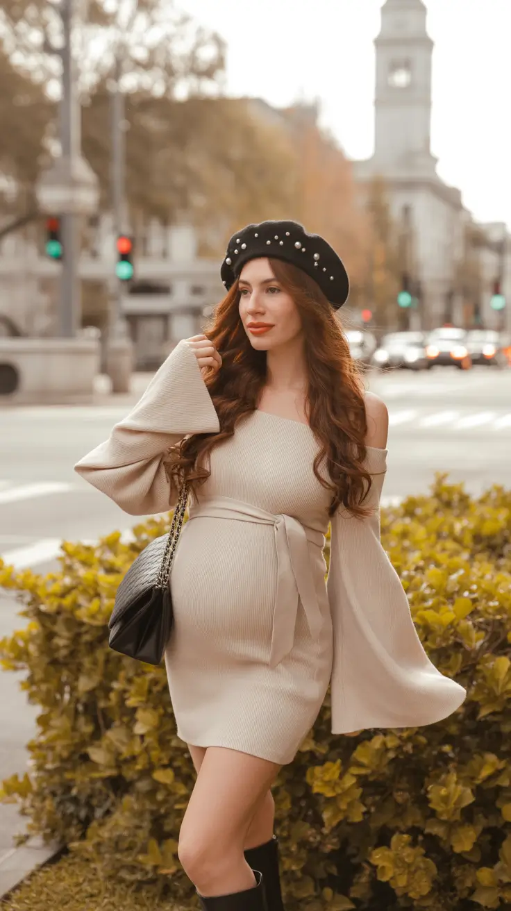 maternity outfits 2026 Parisian Knits & Feminine Grace