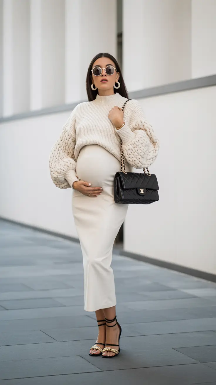 maternity outfits 2026 Neutral Power: The Knit Sophistication