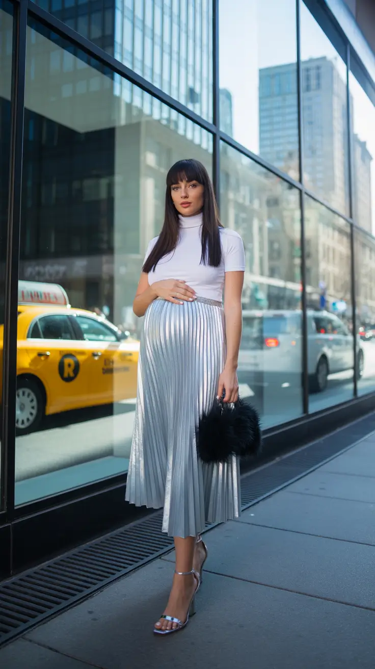 maternity outfits 2026 Metallic Pleats & Modern Glow