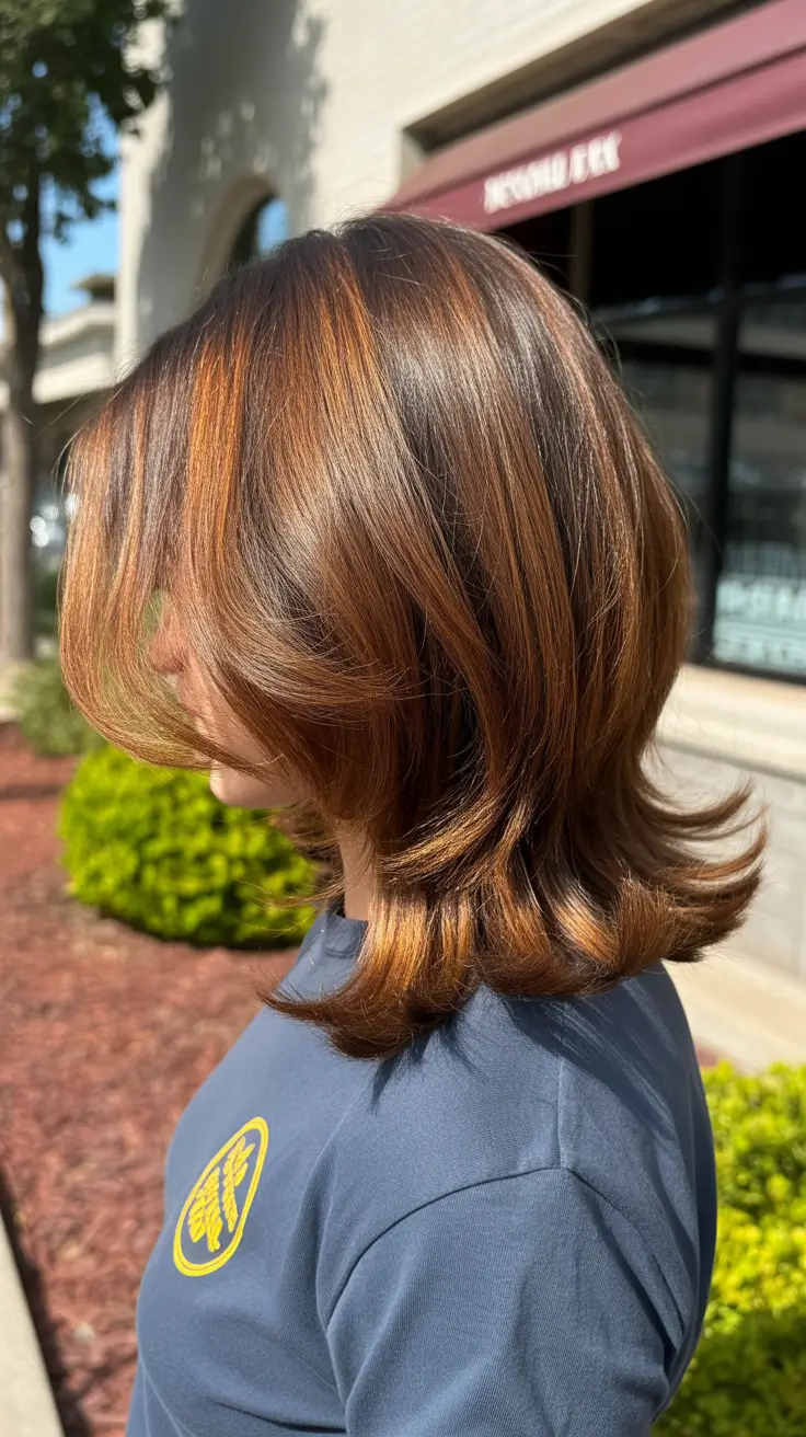 winter medium haircut 2025-2026 Chestnut Layers with Copper Highlights