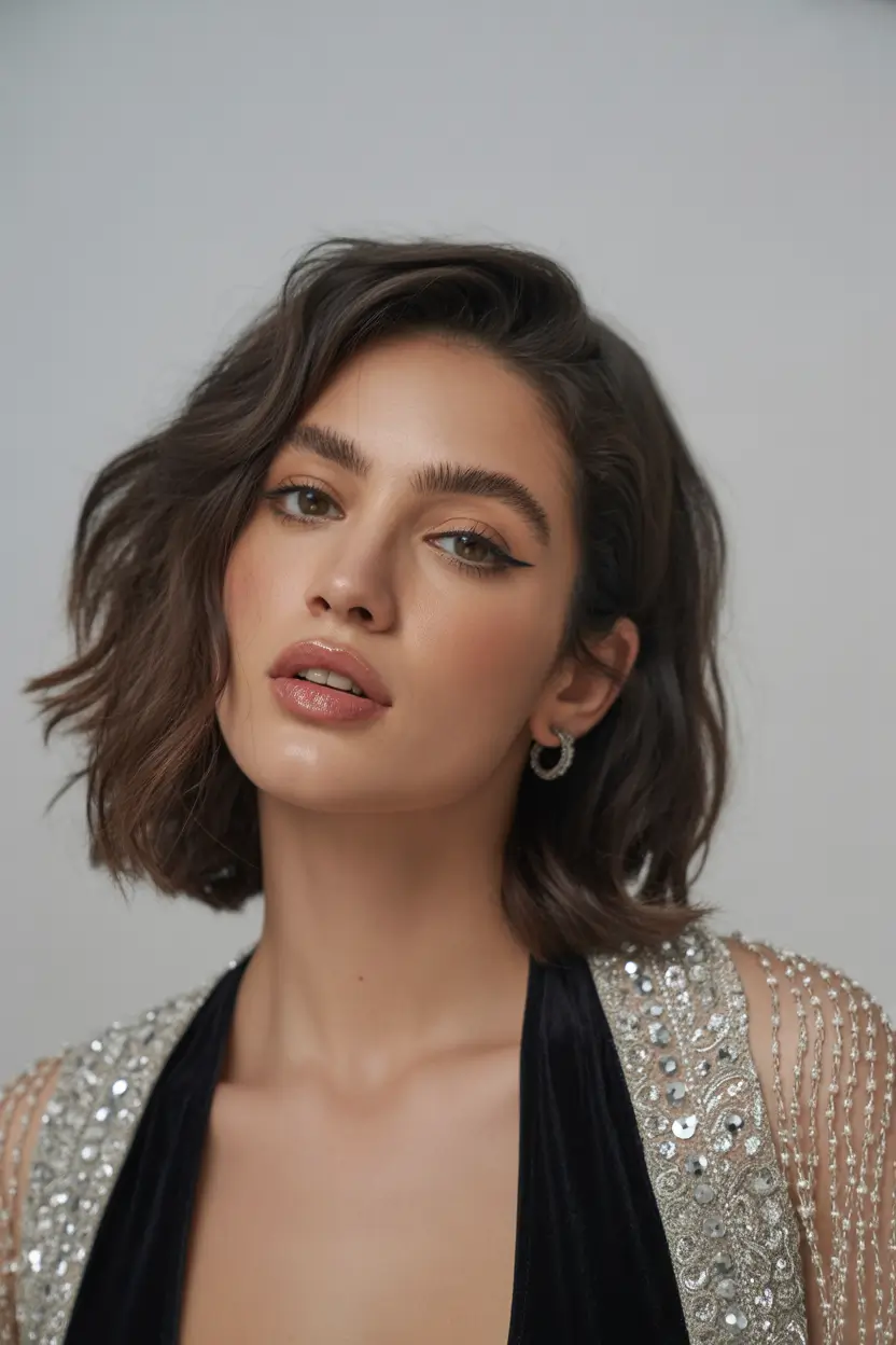 medium haircuts winter 2025-2026 Wavy Side-Part Bob for Evening Glam