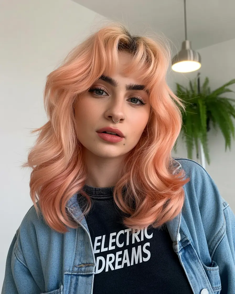 winter medium haircut 2025-2026 Peach Waves with Playful Bangs