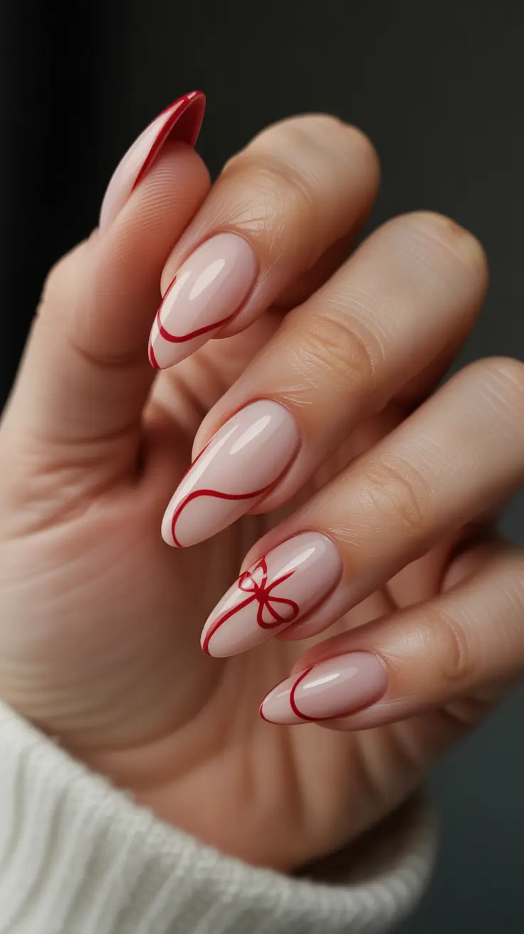 Modern Acrylic Nails Winter 2025-2026 Red Ribbon Charm