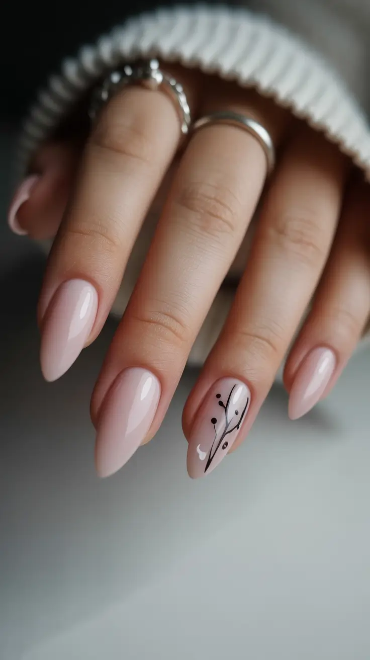 Modern Acrylic Nails Winter 2025-2026 Soft Nude with Minimalist Branch Art