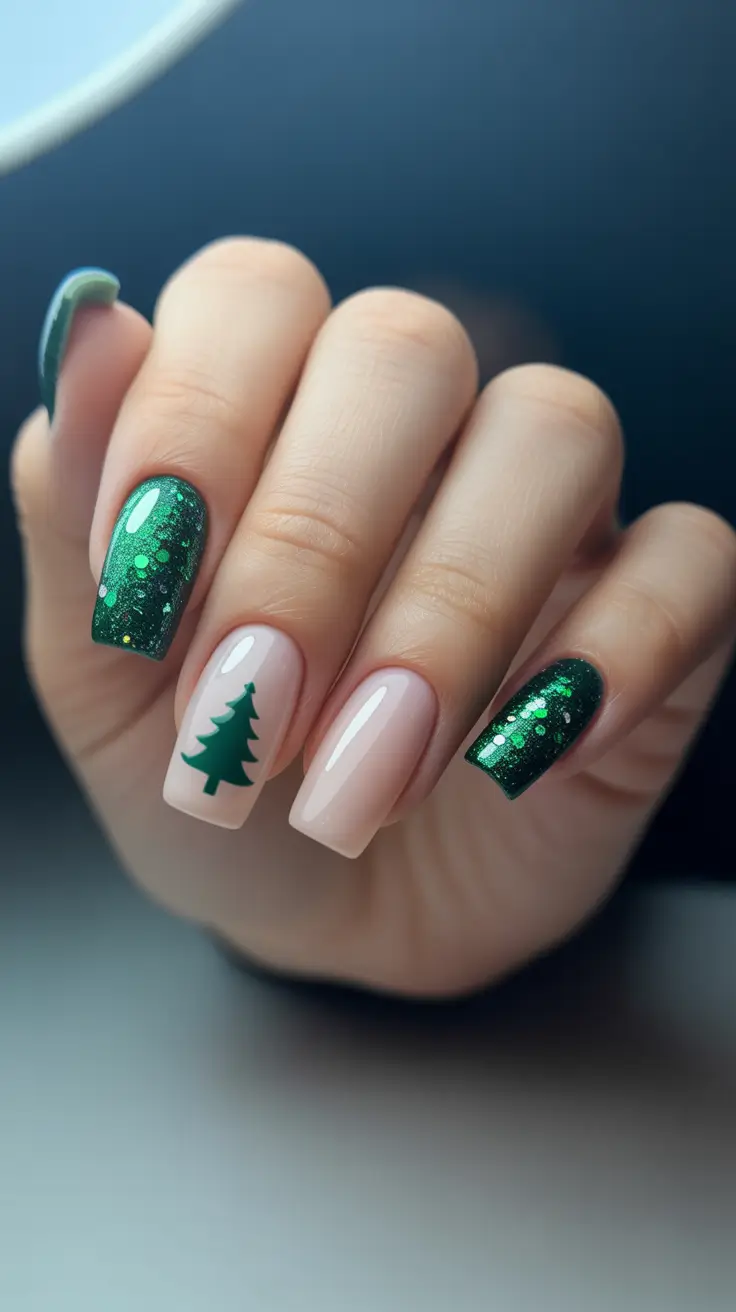 Modern Acrylic Nails Winter 2025-2026 Evergreen Sparkle