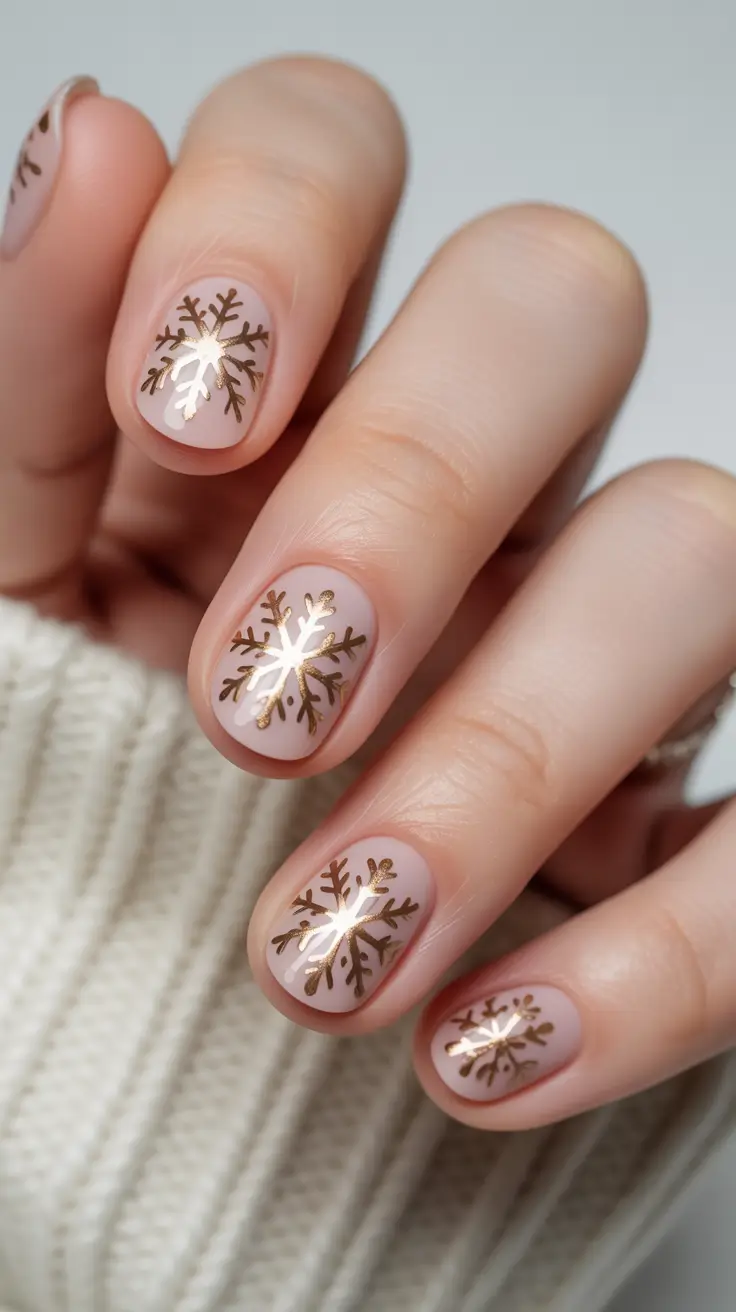 Modern Acrylic Nails Winter 2025–2026 Golden Snowflakes