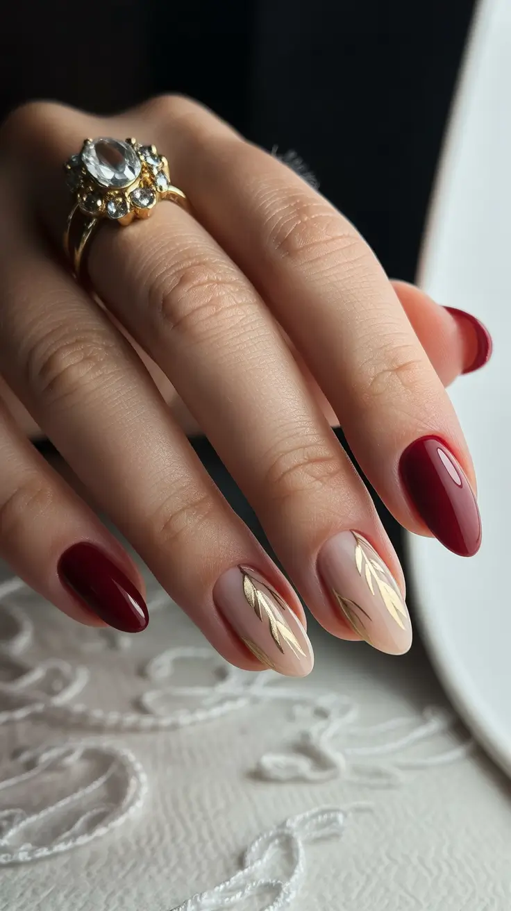 modern classy winter nails 2025 2026 Burgundy & Gold Whispers