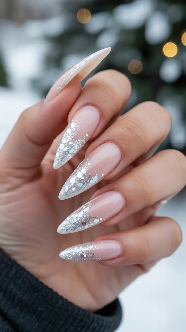 Modern classy winter nails 2025-2026 Frosted Elegance with Silver Sparkles