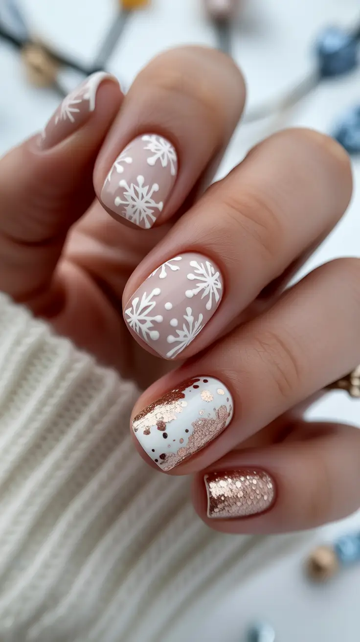 Modern classy winter nails 2025-2026 Golden Snowflakes on Nude Canvas