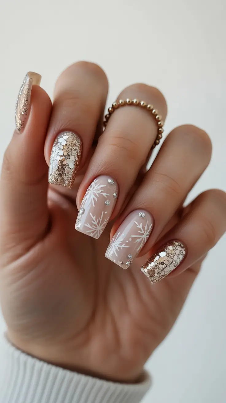 Modern classy winter nails 2025-2026 Champagne Frost with Snow-Crystal Detailing