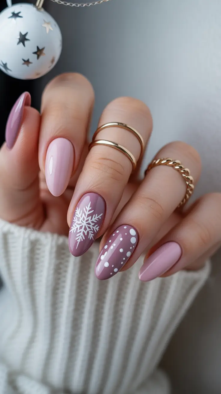 Modern classy winter nails 2025-2026 Dusty Rose Snowflakes
