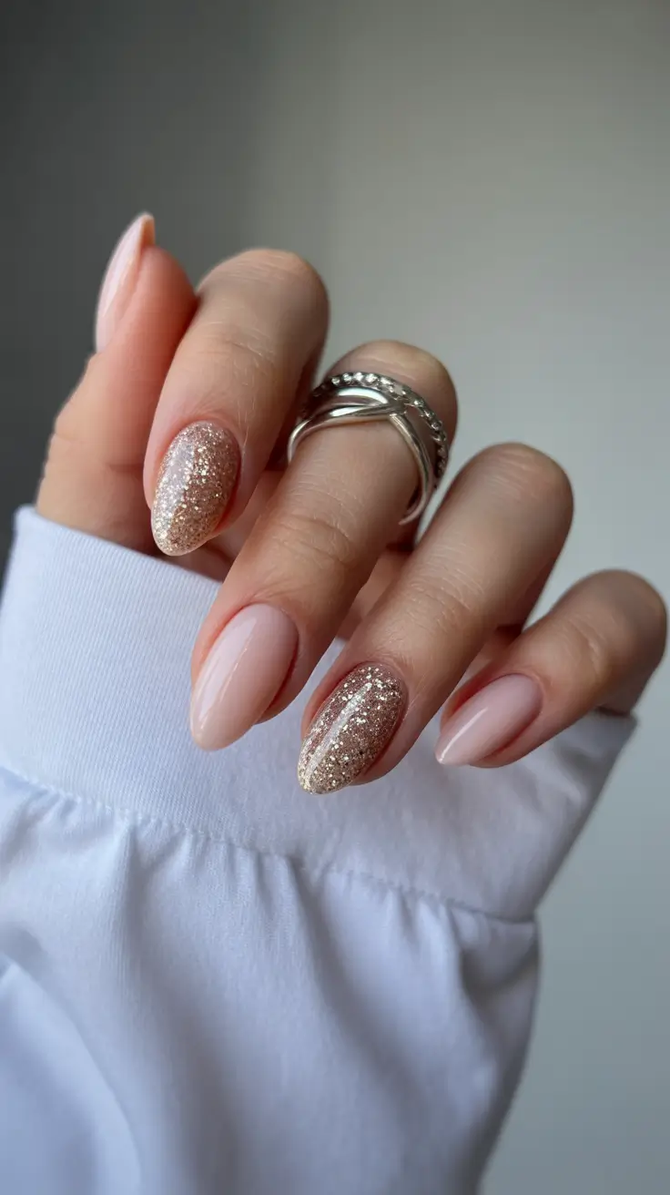 Modern classy winter nails 2025-2026 Champagne Glow Almond Nails