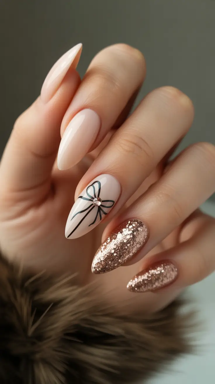 modern classy winter nails 2025 2026 Champagne Bow Glam