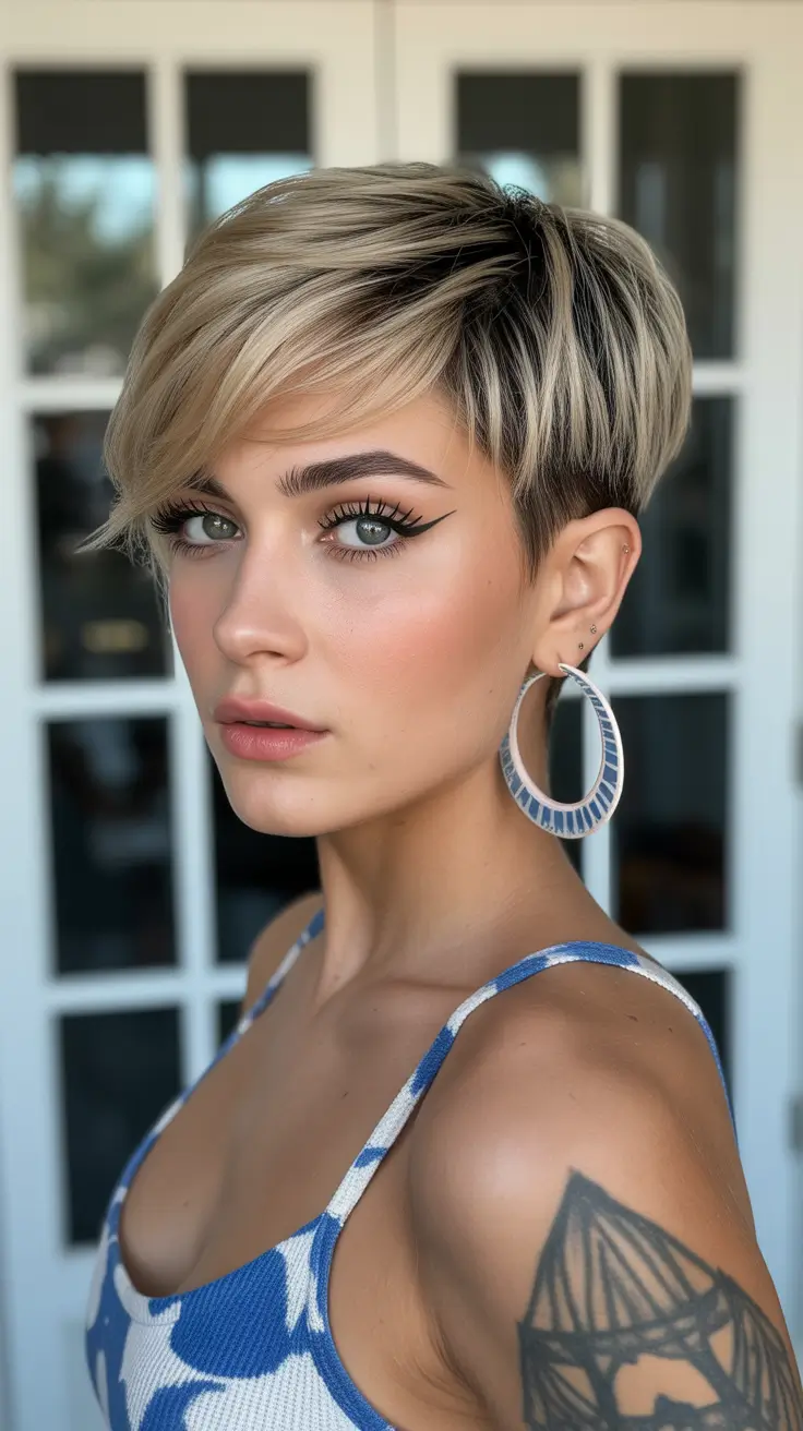 winter pixie haircuts 2025-2026 Wavy Layered Pixie with Dark Roots