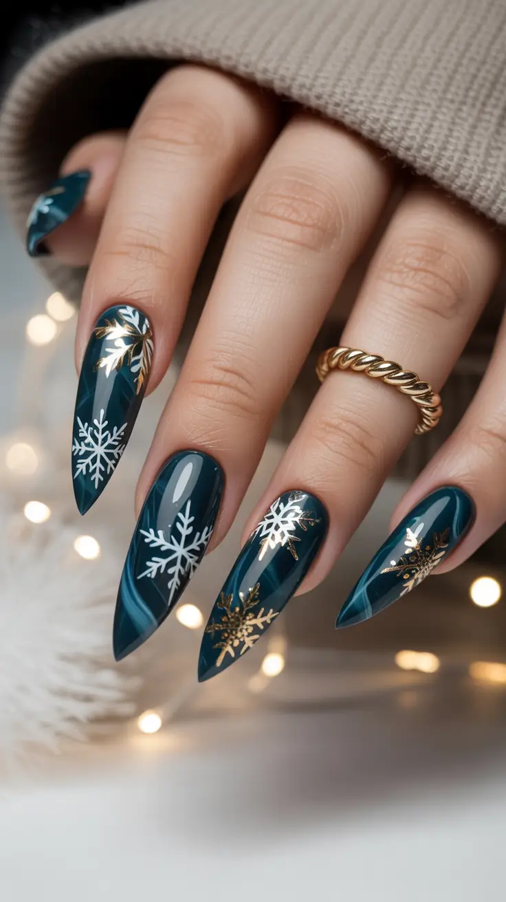 Modern Snowflake Nail for Winter 2025–2026 – Golden Glacier