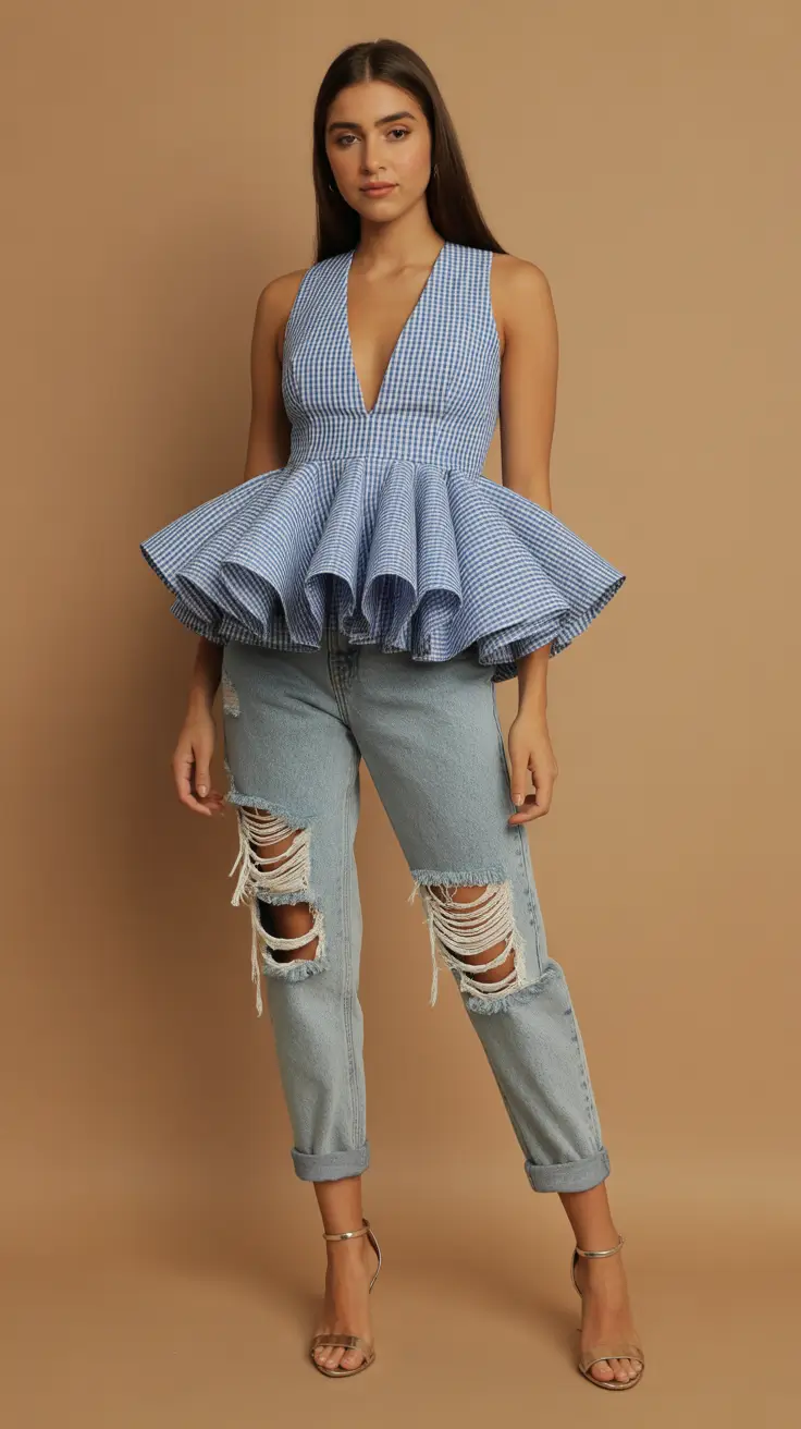 mom outfits 2026 Playful Gingham Peplum