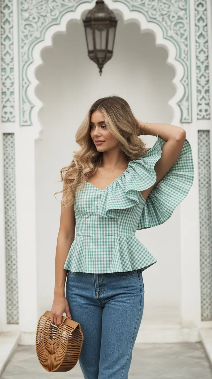 mom outfits 2026 Green Gingham and Rattan Glow