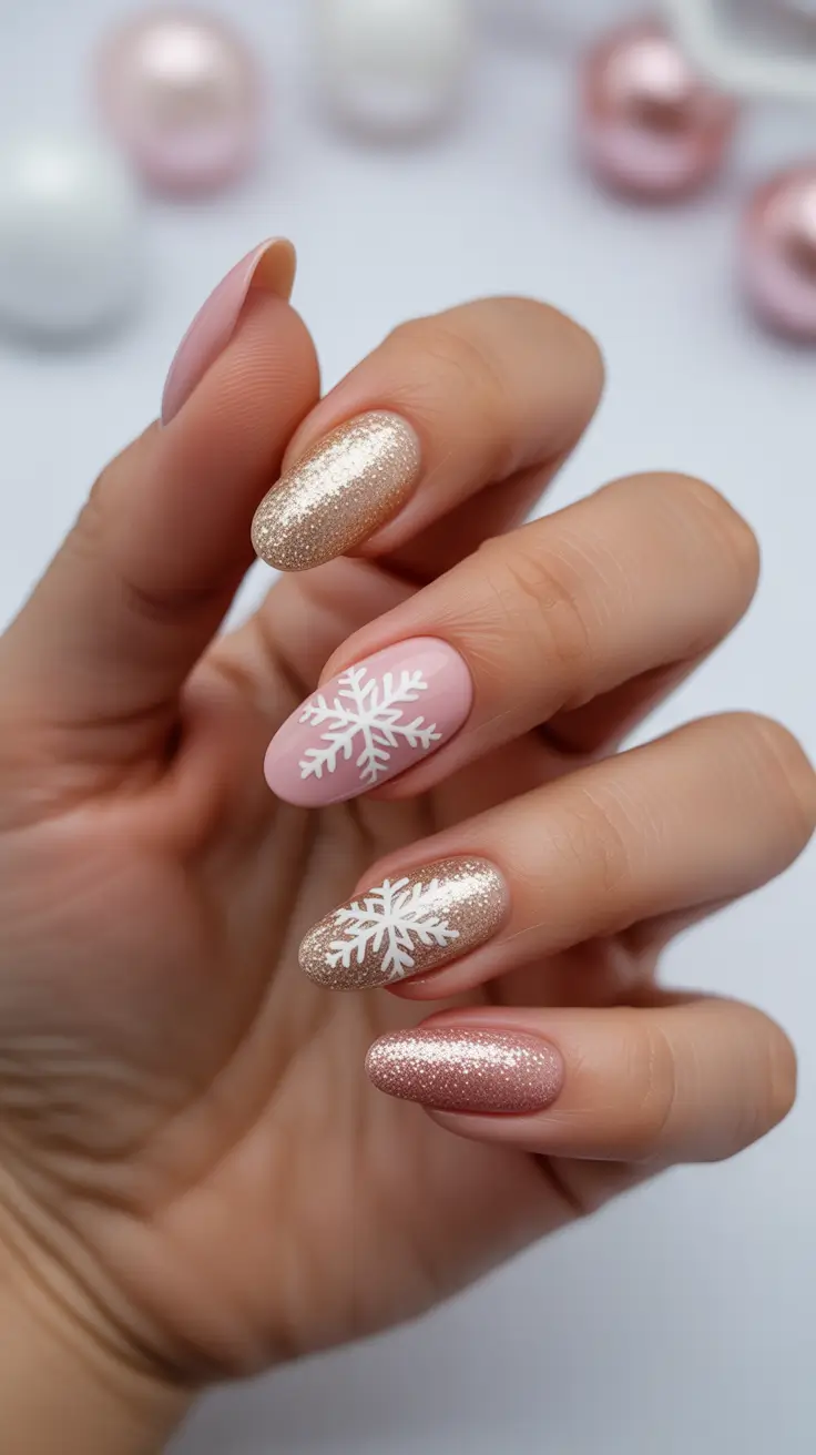 Neutral Winter Nails 2025–2026 Frosted Rosé Snowflakes