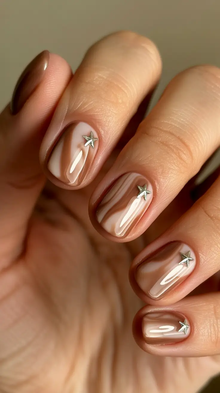 short winter nails 2025-2026 Milky Cocoa Dream with Metallic Stars
