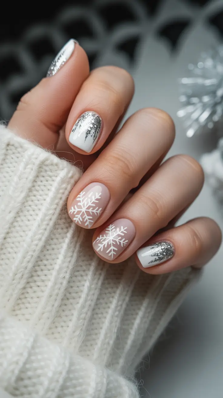short winter nails 2025-2026 Frosted White Sparkle with Silver Trees
