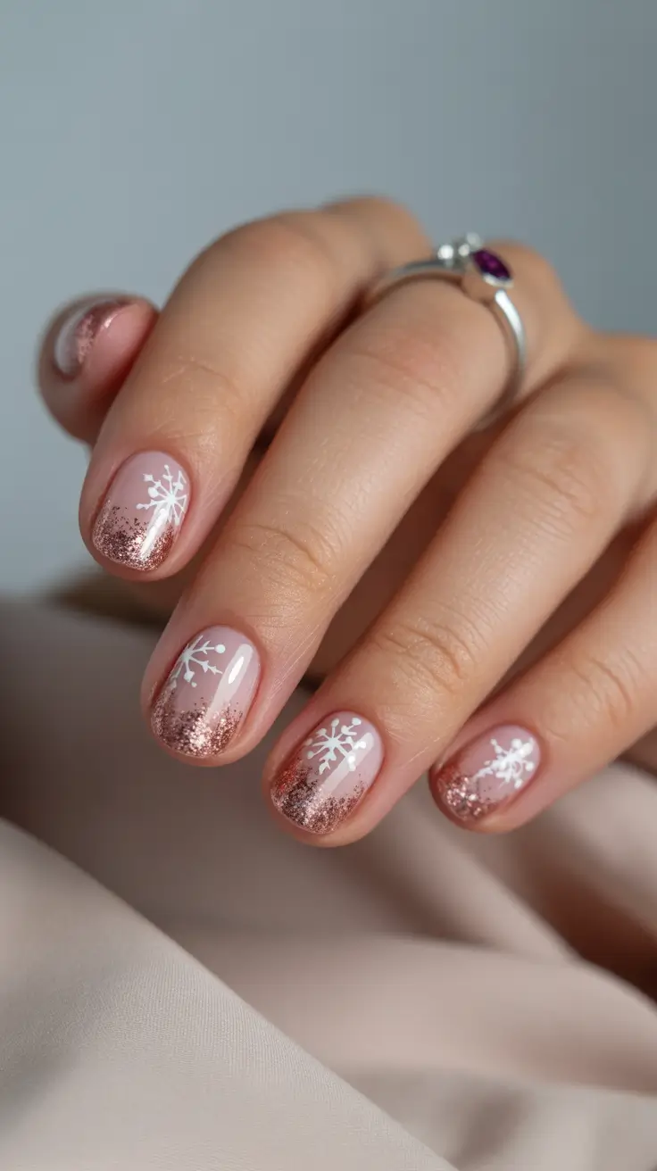 short winter nails 2025-2026 Rose Gold Frost and Snowflake Elegance