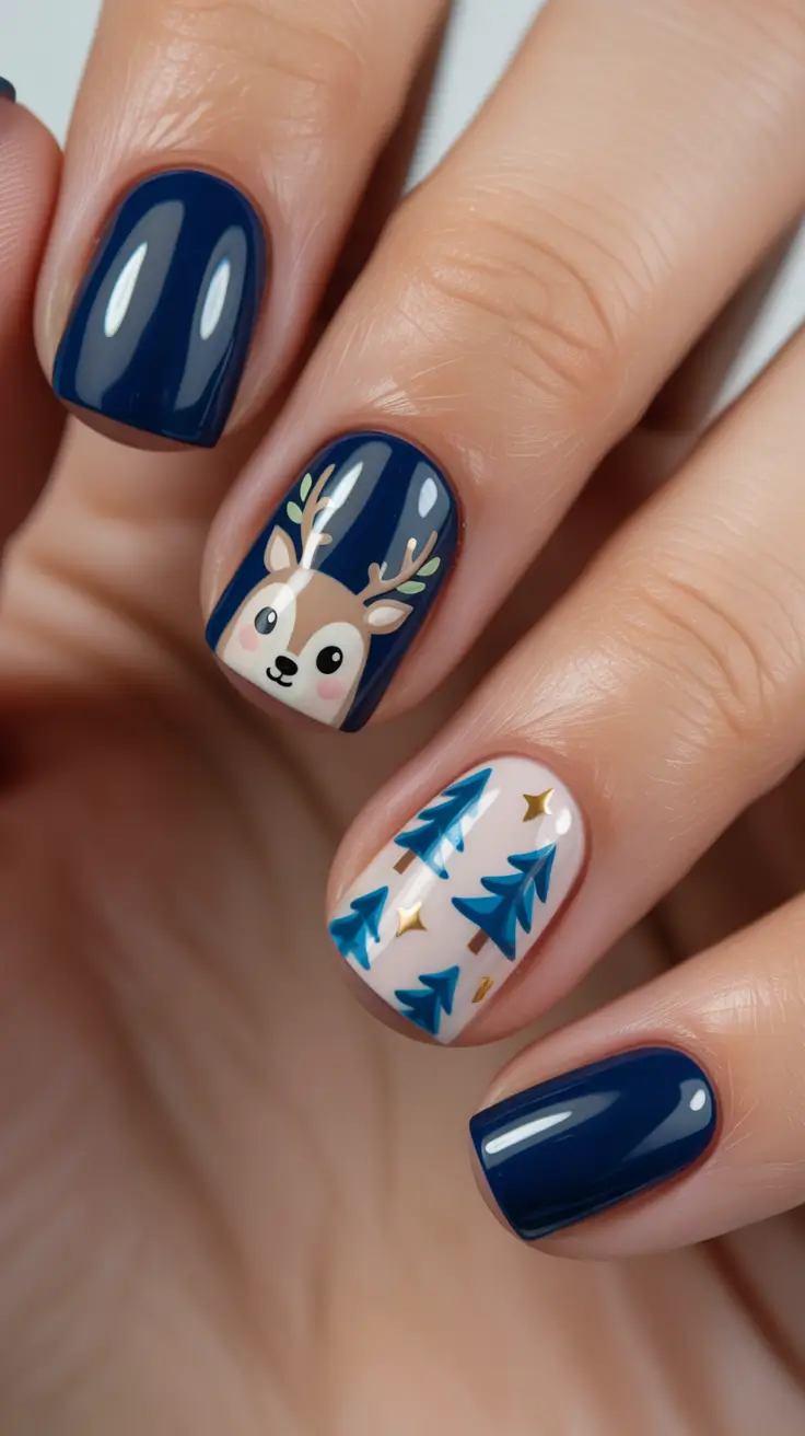 short winter nails 2025-2026 Midnight Blue Holiday Art