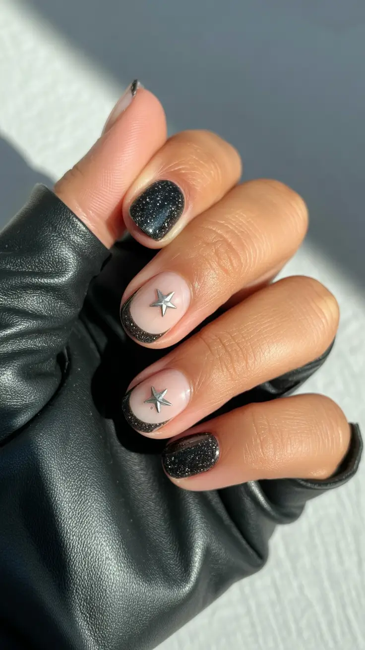 short winter nails 2025-2026 Black Galaxy French with Silver Stars